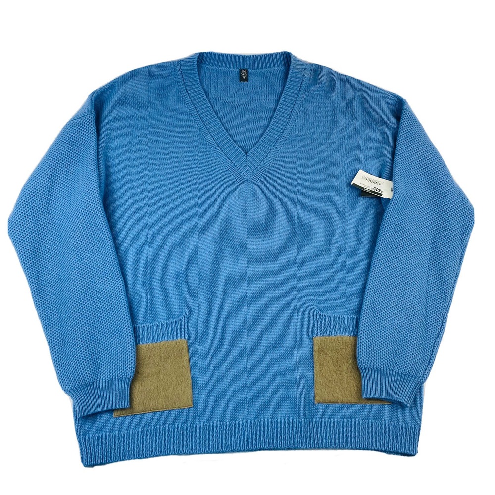 Eleventy Blue Suede Detail Wool Cashmere Oversized V-Neck Sweater Women S NWT